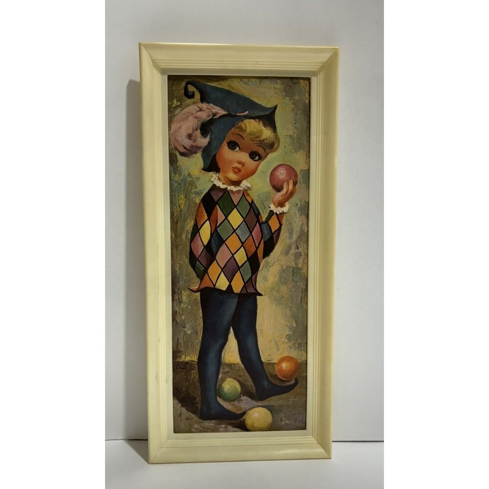VINTAGE GOJI Big Eye Kids Framed Print 1965 Mod 60's Harlequin Juggler
